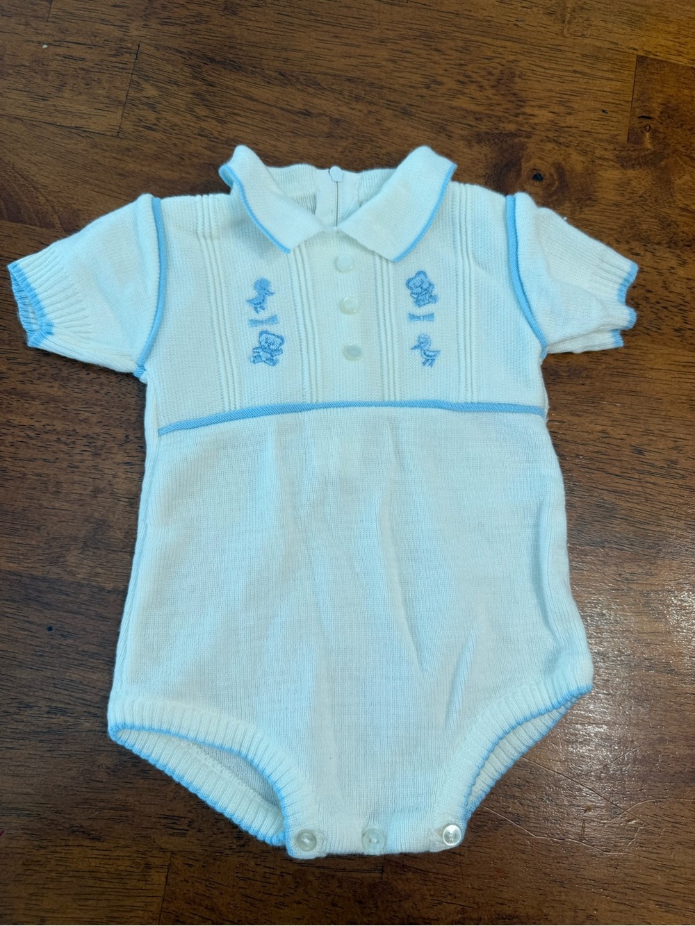 Vintage Carriage Boutiques Knit Romper Boy White Blue Embroidered Polo Bubble NB